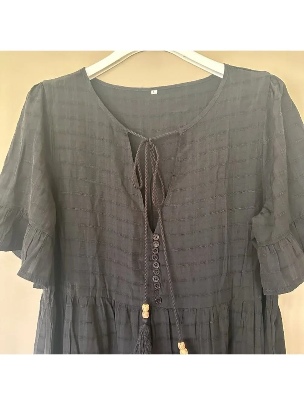 Casual Black Boho Dress sz L Oversized Tiered Peasant Festival Tassel Relaxed